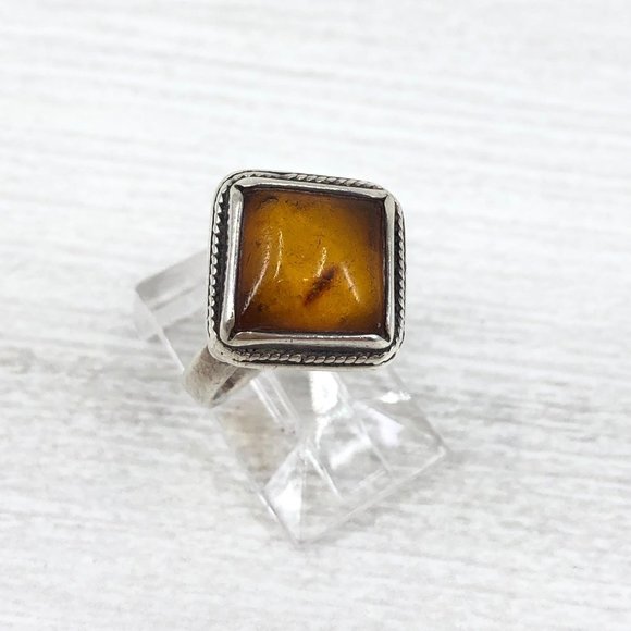 Sterling Silver Natural Amber Ring Size 6, Vintage - Picture 1 of 10